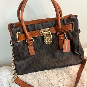 Michael Kors Hamilton MK Logo Satchel Handbag East West Brown